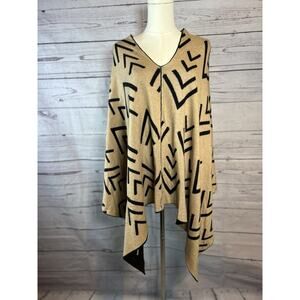 Reversible Aztec Geometric Print Boho Poncho Black & Beige One Size